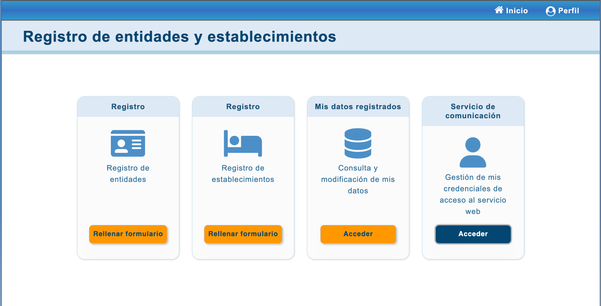 Menú de registro de entidades y establecimientos