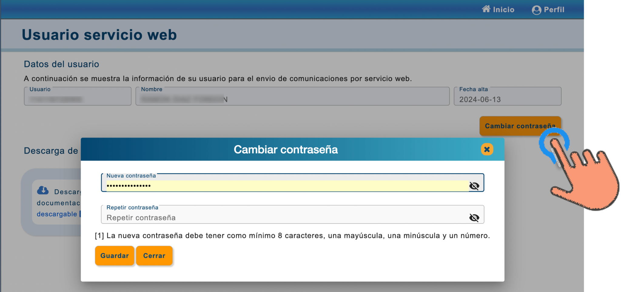 Pantalla para cambiar la contraseña del servicio web