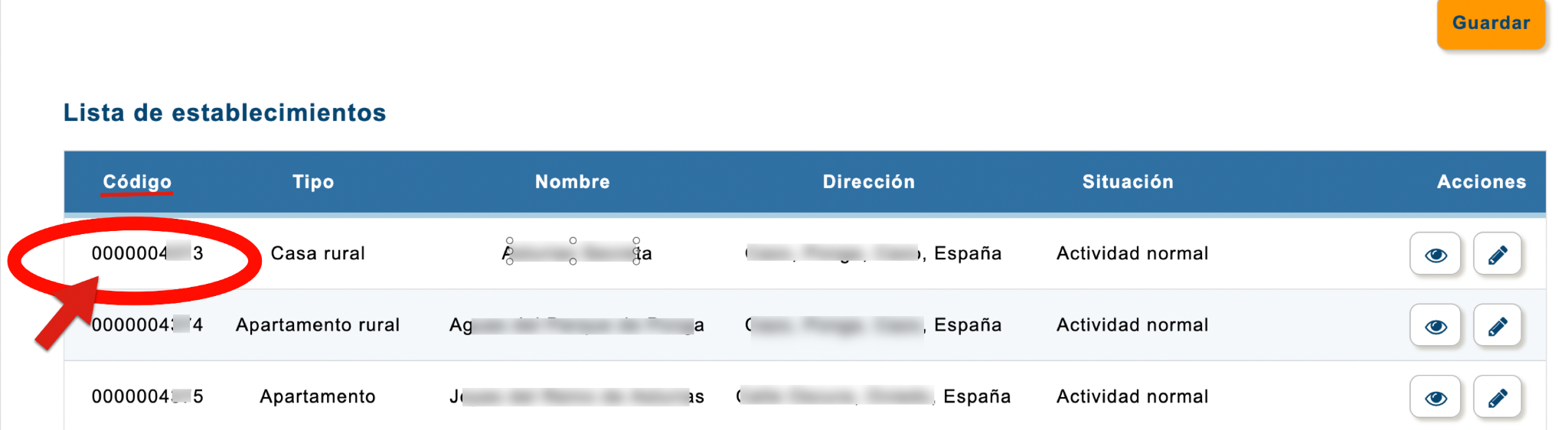 Ubicación del código en la lista de establecimientos